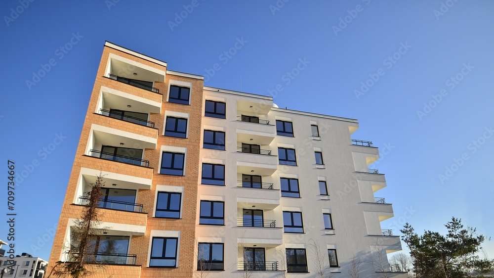 Residential area with modern apartment building. Multi Storey modern, new and stylish living block of flats.