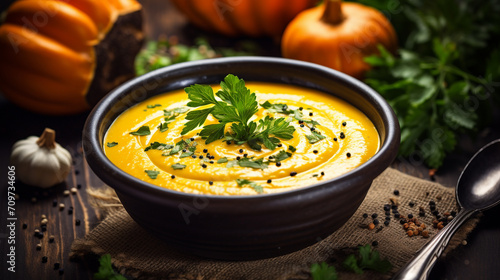 Pumpkin cream soup with black pepper and fresh parsley