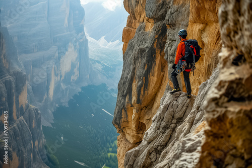A climber equipped with gear stands on a cliff edge, overlooking a mountainous valley, embodying adventure and exploration