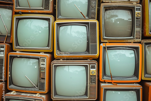 Many antique televisions with rabbit ear antennas. TV retro pattern background.