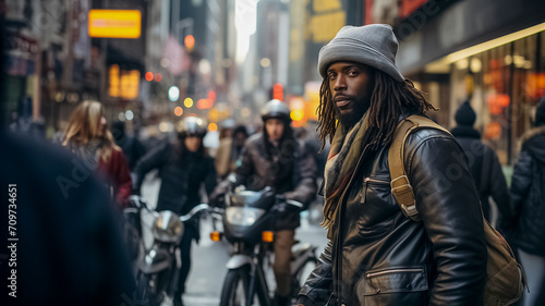 Stylish man with dreadlocks wearing a hat and leather jacket on a bustling city street