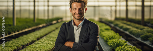 Confident businessman with crossed arms standing in a modern greenhouse with rows of fresh green lettuce, representing agricultural innovation and sustainable farming practices