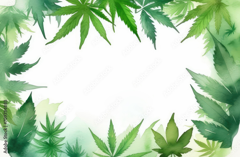 frame of cannabis leaves with copyspace on white background. watercolor illustration of marijuana.