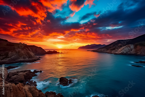 Breathtaking sunset over a serene ocean with vivid orange and blue skies, highlighting the dramatic coastal landscape