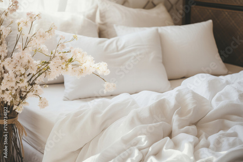 A tranquil bedroom scene with soft white bedding and a vase of delicate white flowers, evoking a sense of springtime freshness and serenity