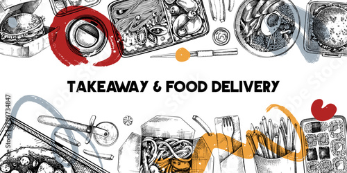 Takeaway and food delivery banner. Hand drawn vector illustration. Collage style background. Takeout food in paper box, fast food menu design. Pizza, burger, coffee, noodles, poke, sushi sketch