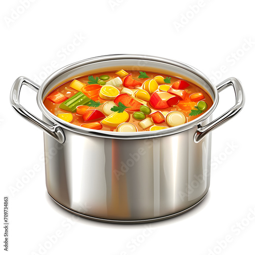 Soup pot with colorful vegetables isolated on white background, realistic, png 