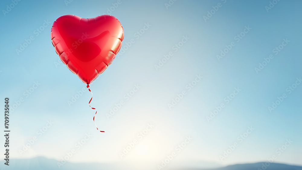 One red heart shaped helium balloon flies in the sky. Valentines Day background. Postcard for lovers. Honeymoon and wedding invitation. A balloon without people. One red heart shaped helium balloon flies in the sky. Valentines Day background. Postcard for lovers. Honeymoon and wedding invitation. A balloon without people.