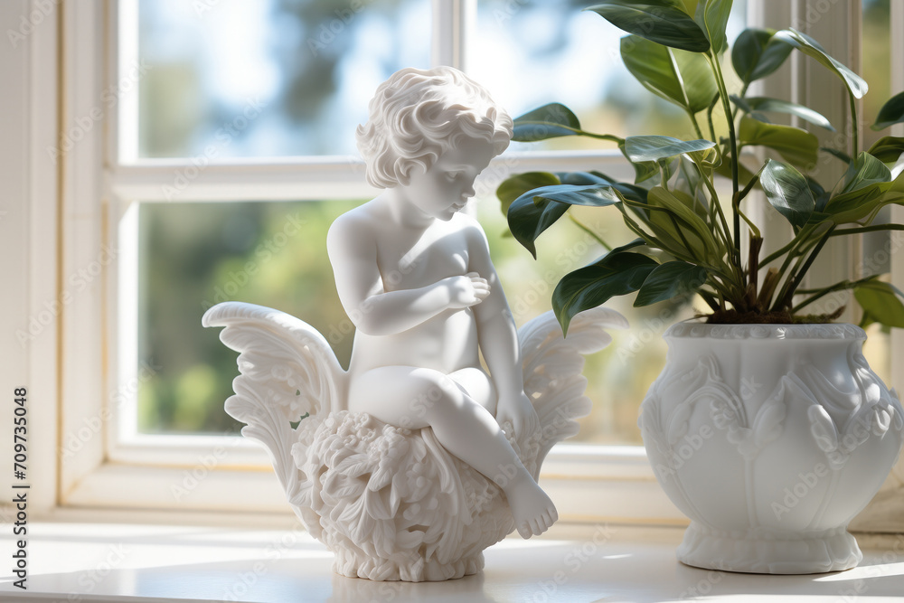 Obraz premium A serene white angel figurine beside a potted plant on a sunny window ledge, conveying a peaceful, ethereal atmosphere