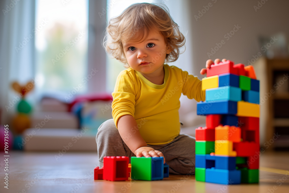 A little toddler delights in play, exploring a room filled with colorful cubes, each moment a joyful adventure in discovery. A little toddler delights in play, exploring a room filled with colorful cubes, each moment a joyful adventure in discovery.