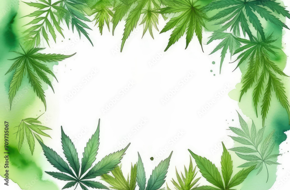 watercolor illustration of marijuana. frame of cannabis leaves with copyspace on white background