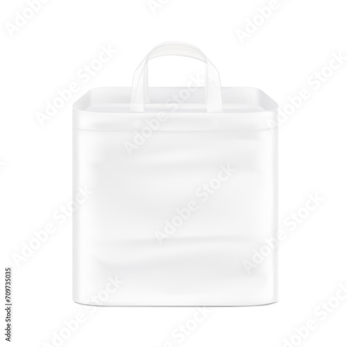 Stand bag with handle mockup. Vector illustration isolated on white background. Ready for your design. Suite for the presentation of diaper, wet wipes, foods, household, etc. EPS10.