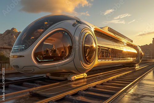 Futuristic train concept with sleek design at sunset, representing modern transportation innovation and technology photo