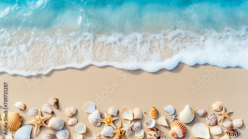 Sandy beach with gentle waves and a collection of various seashells and starfish, conveying a serene summer holiday concept