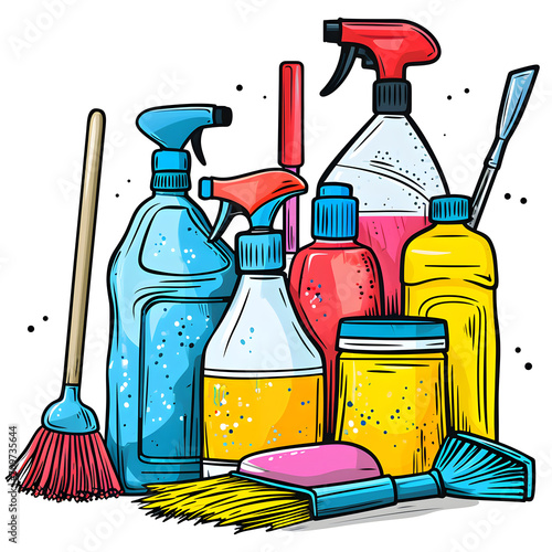Spring cleaning supplies isolated on white background, pop-art, png
 photo