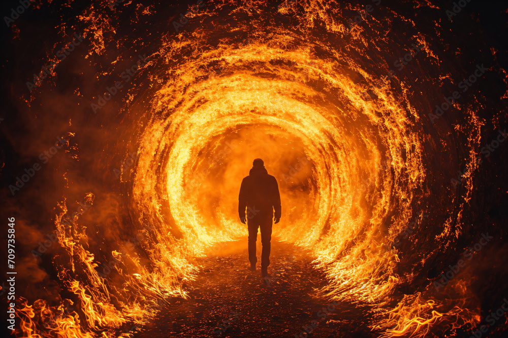 a man stands in the middle of an underground hellfire - obrazy, fototapety, plakaty 