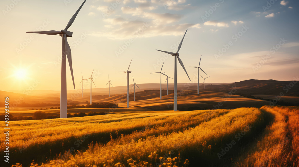 Obraz premium A serene landscape at sunset featuring wind turbines amidst rolling golden fields symbolizing renewable energy and environmental sustainability