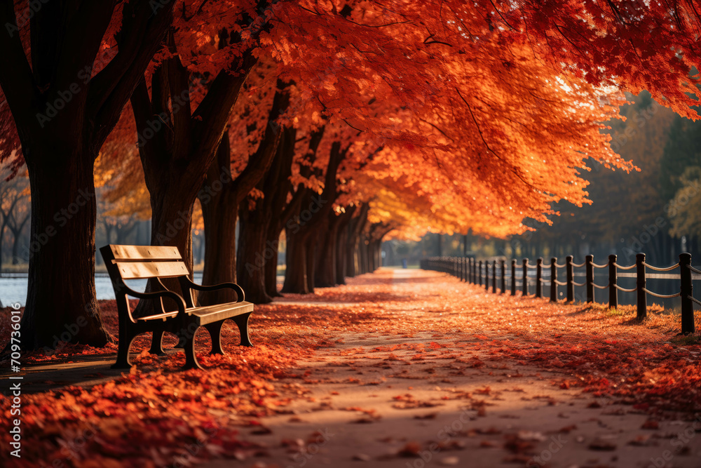 An empty park bench under a vibrant canopy of autumn leaves with a carpet of fallen foliage on the path
