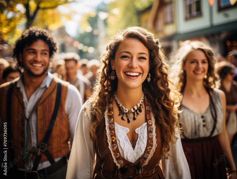 Group of joyful people dressed in traditional Bavarian costumes celebrating at a folk festival outdoors