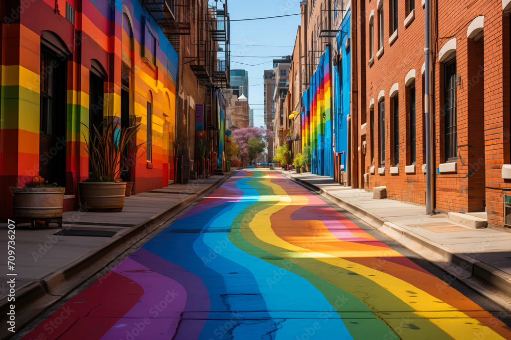Urban street with vibrant rainbow-colored pavement and matching building facades, symbolizing LGBTQ+ pride and diversity