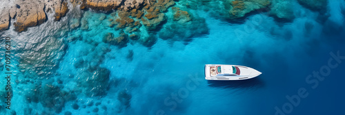 Aerial view of a white luxury boat on clear blue waters near a rocky coast, depicting leisure or vacation concept