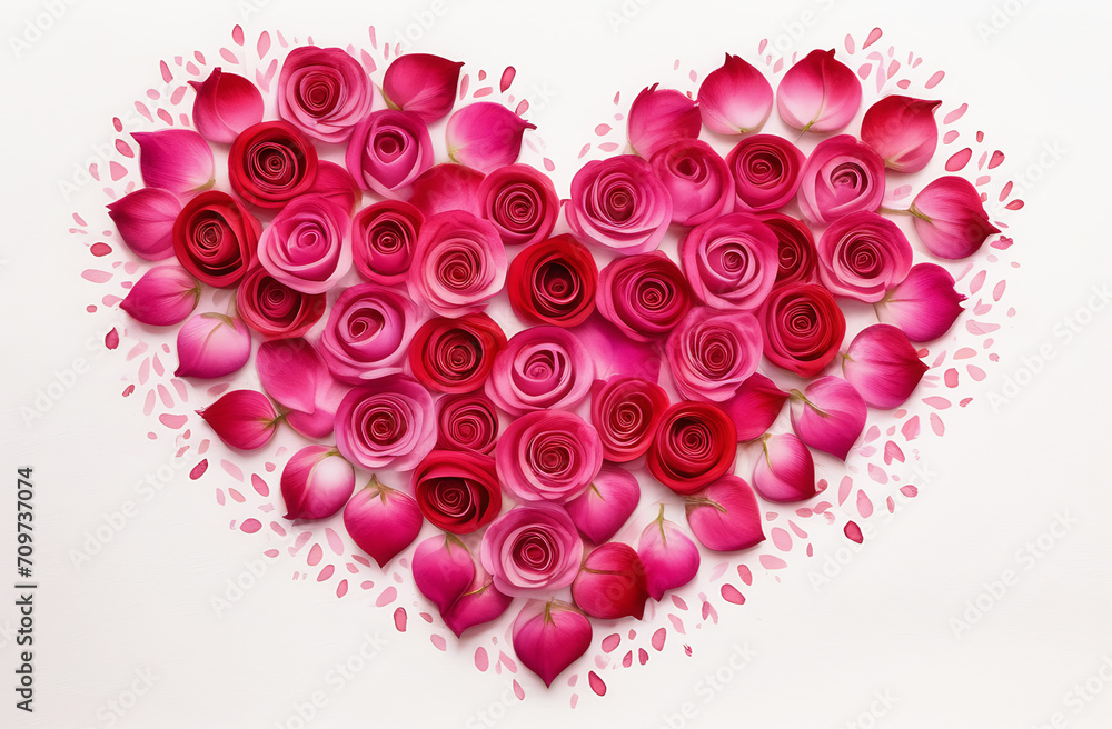 Heart of pink buds and rose petals on a white background. Valentine's Day. Love. Postcard.