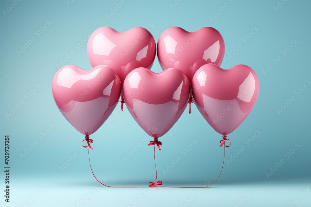 Heart-Shaped Pink Balloons on a Soft Blue Canvas, on an isolated Robin's Egg Blue background, Generative AI