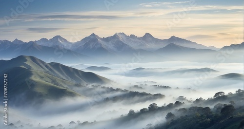 A mountain range veiled in ethereal morning mist  with hills fading in and out of view  creating a sense of mystery and tranquility - Generative AI