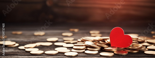 hearts and coins on a wooden background. the concept of funds for treatment