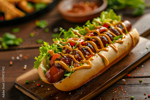 Hot dog with ketchup and yellow mustard food promotion foto