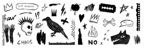 Set of grunge scrawls, pencil drawn scribbles, torn paper sheets, ink stains. Punk aesthetics elements for collage, banner, stickers design. Isolated vector illustration.
