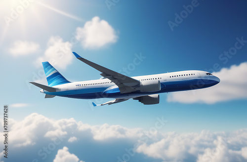 the plane flies against the background of a blue sky with clouds