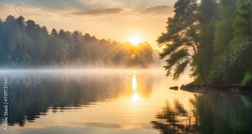 A misty morning on the serene lake  with the sun peeking through the trees and casting a warm glow on the tranquil waters - Generative AI