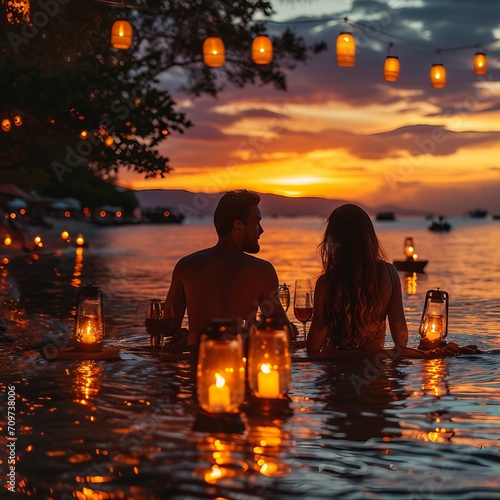 Loving couple share a romantic dinner with candles and lanterns light way at sea beach in water against wonderful sunset, holiday, relationship, romance, beach, sunset, love.