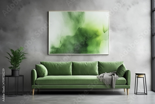 Sofá verde e ao fundo um quadro com uma arte abstrata verde na parede cinza de cimento queimado  photo