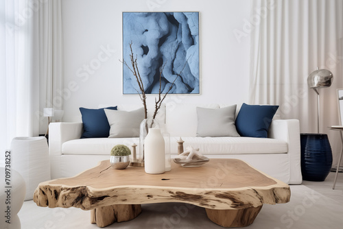 Sala de estar com sofa branco com 6 almofadas nas cores cinza e azul e no centro uma mesa de madeira natural com itens decorativos em cima e ao fundo uma parede branca com um quadro decorativo azul.