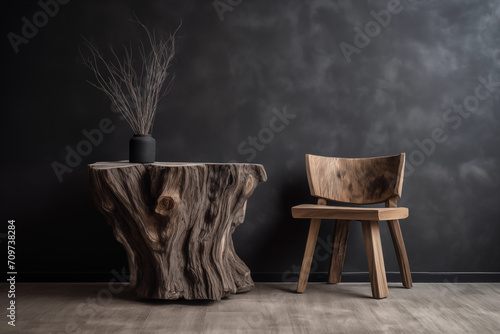 Uma cadeira e uma mesa pequena de madeira bruta e natural escura e ao fundo uma parede preta.