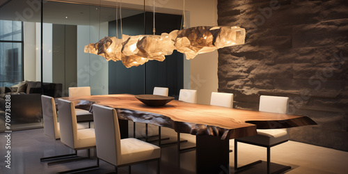 Uma mesa de jantar de madeira natural com cadeiras bege e sobre a mesa uma iluminaria de teto comprida e ao fundo uma parede de pedras com relevo  photo