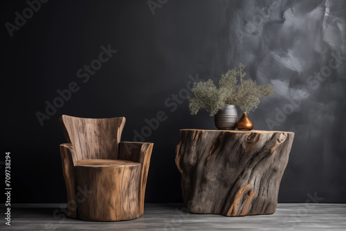 Uma cadeira e uma mesa pequena de madeira bruta e natural escura e ao fundo uma parede preta. photo