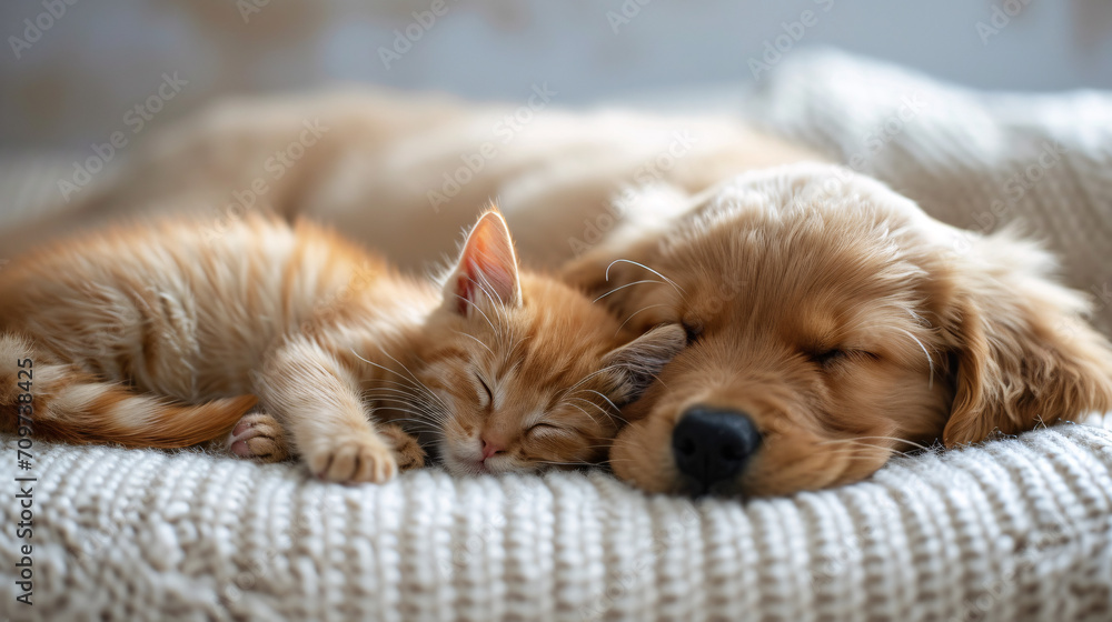 A cute dog and a red kitten sleeping side by side, cute animal friendship