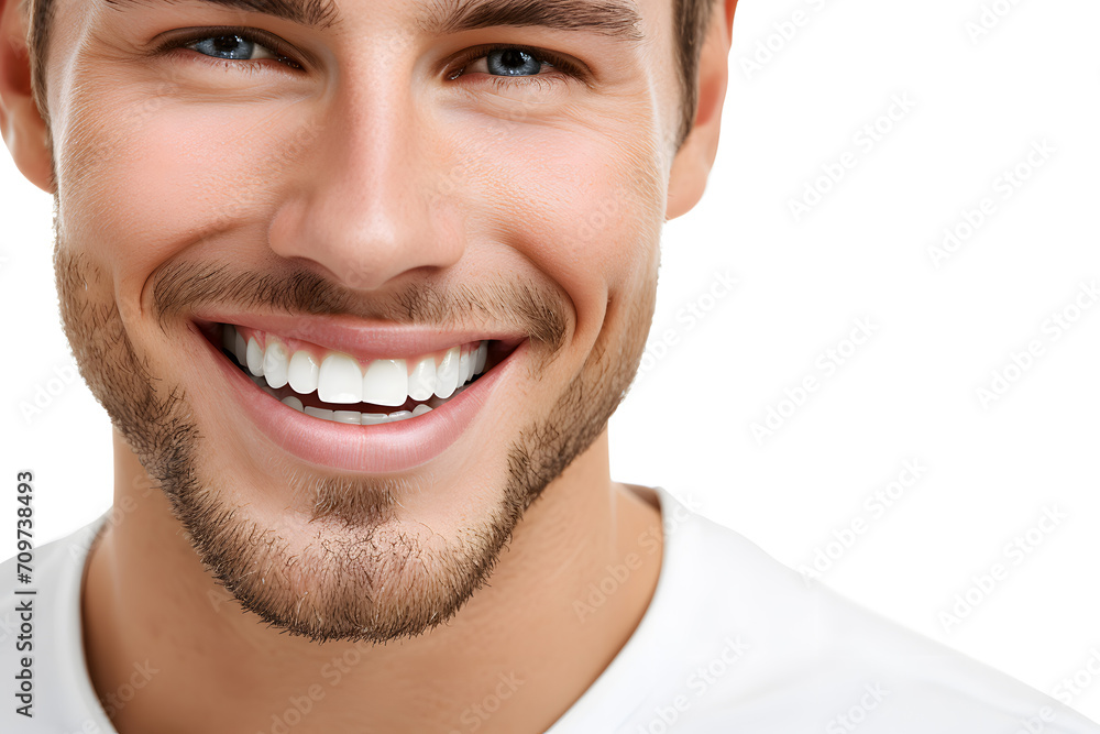 Naklejka premium Handsome man laughing and smiling close up portrait. Healthy face skin care beauty, dental.