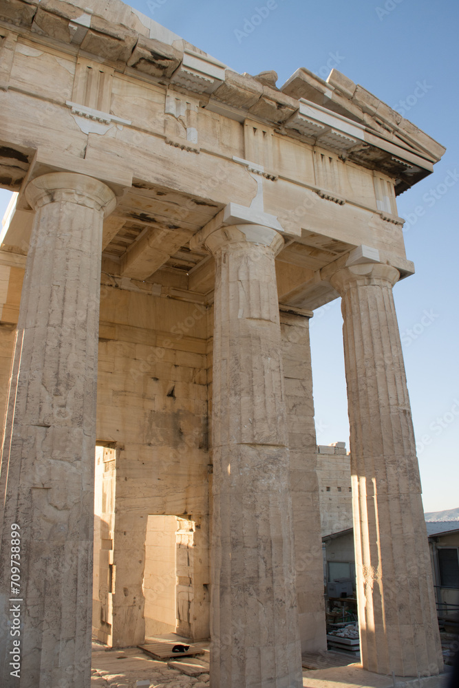 Some of the many ruins of temples and other structures that can be found on top of the Acropolis in Athens, Greece