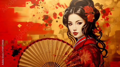 portrait of a Japanese geisha with a fan