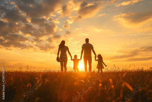 Silhouette of a happy family walking through nature during sunset