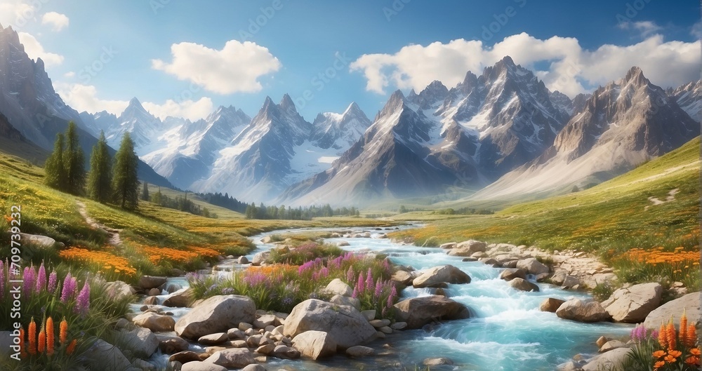 A scene featuring a winding mountain trail amidst wildflower-covered valleys, leading toward majestic peaks with a crystal-clear river flowing below. AI Generative - Generative AI