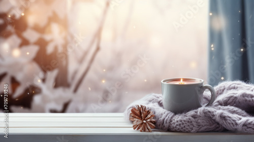 cozy home atmosphere in the winter, Cozy fall indoor female with woolen socks, coffee, Chocolate and candle, soft cozy bed blanket