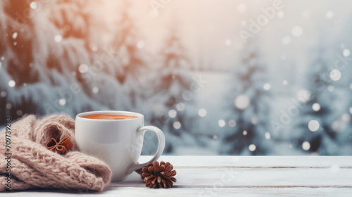 cozy home atmosphere in the winter, Cozy fall indoor female with woolen socks, coffee, Chocolate and candle, soft cozy bed blanket