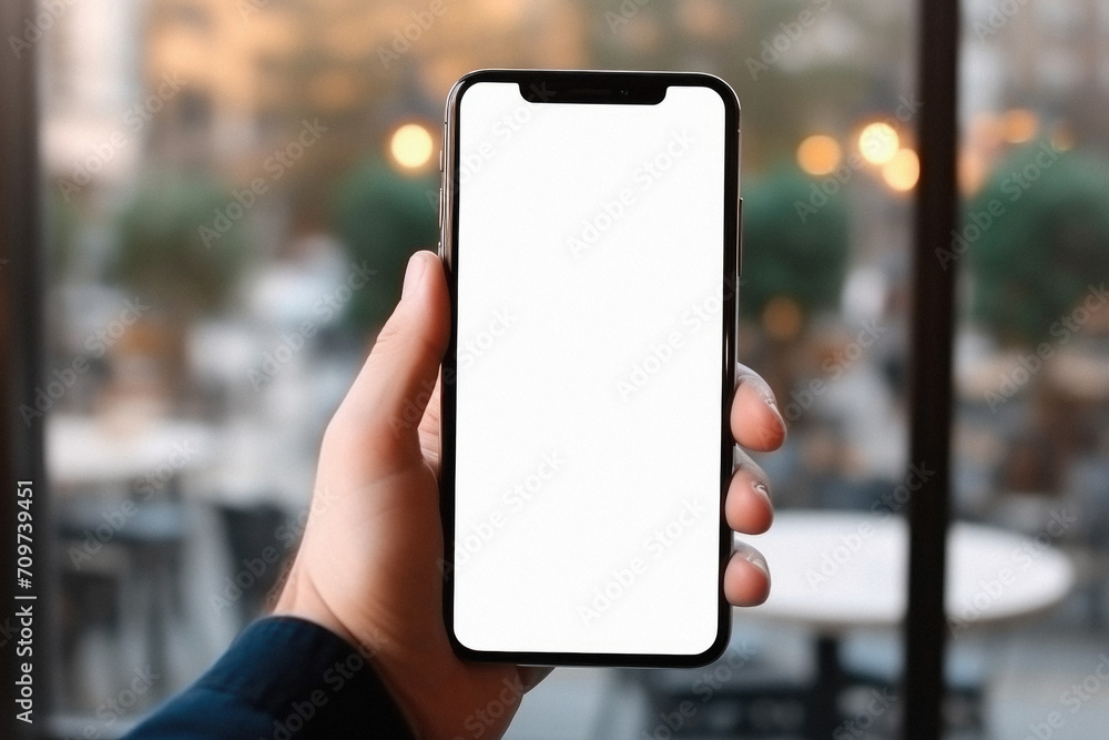 Male hand holds a smartphone with a white screen on the background of a cafe Male hand holds a smartphone with a white screen on the background of a cafe