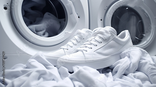 White sneakers in a washing machine © alionaprof