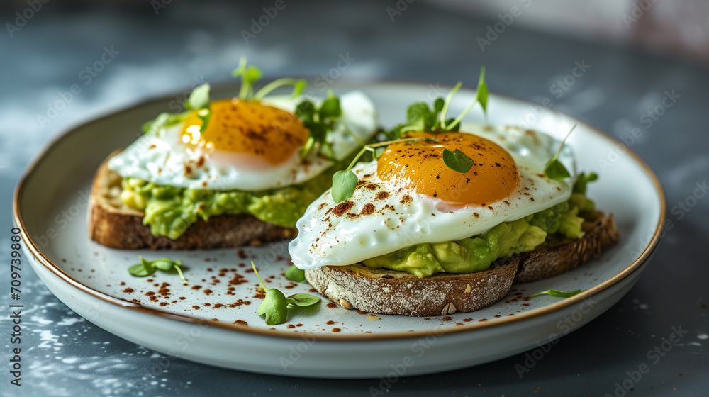 Avocado Egg Toast On Restaurant Plate Avocado Egg Toast On Restaurant Plate